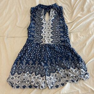 Angie Tribal Print Sleeveless Romper – Blue, Size S